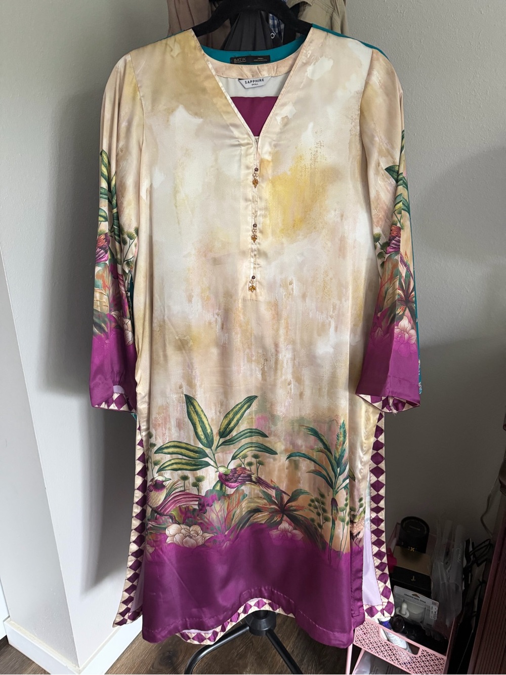 Printed Satin Tunic Dress in Cream and Purple by